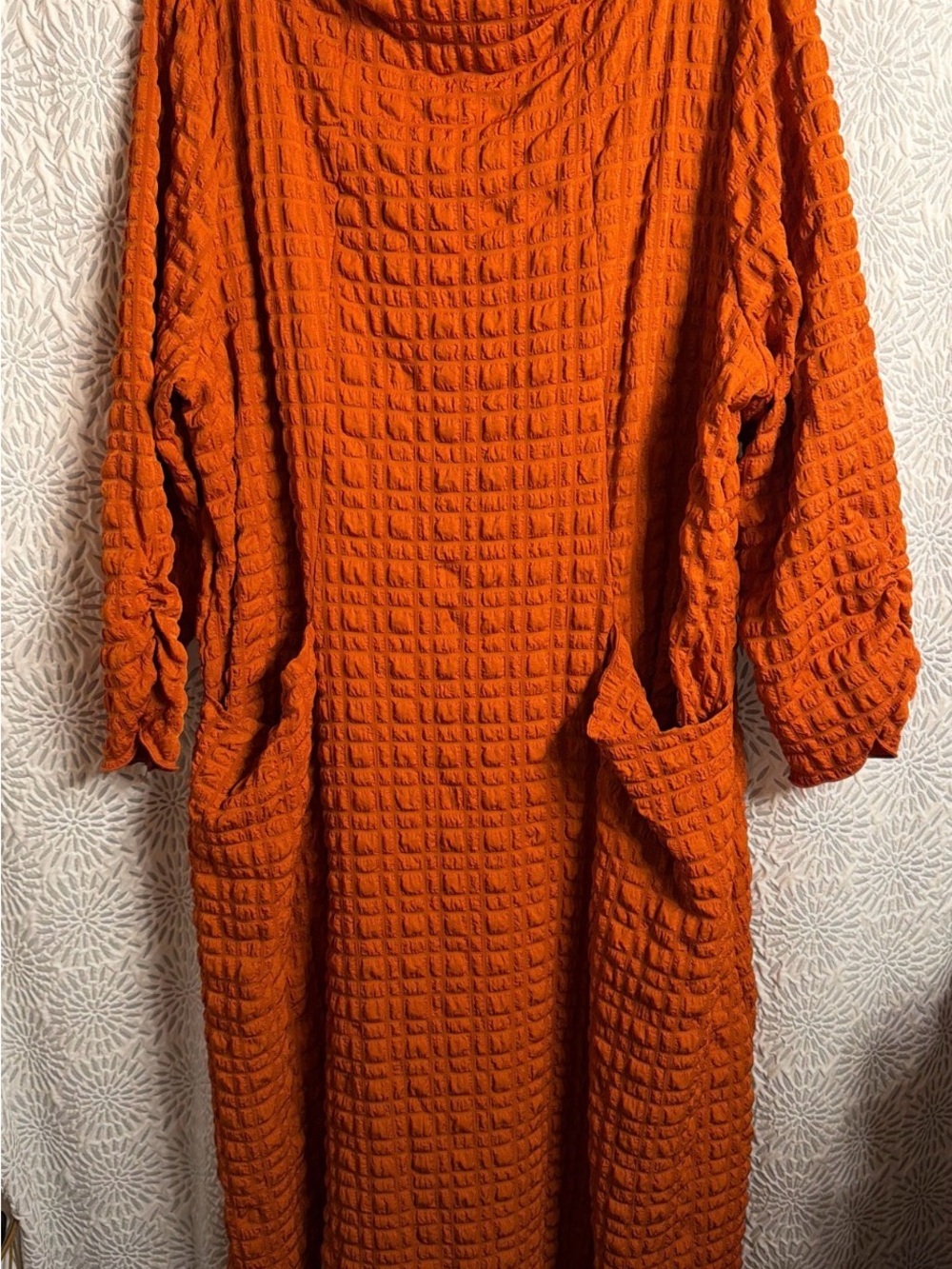 Women's Orange Textured Long Sleeve Dress